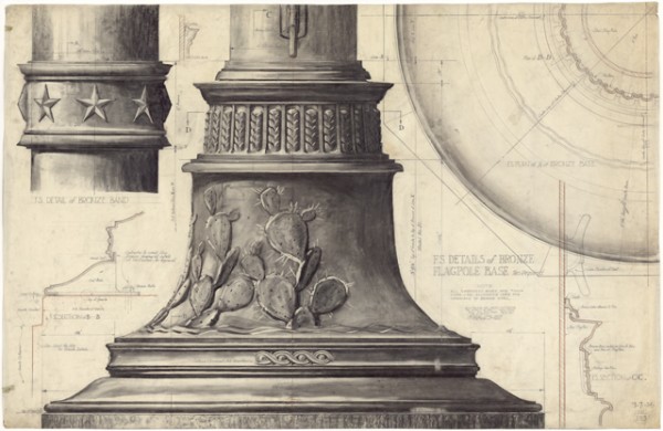Pencil on trace drawing of Full Scale Details of Bronze Flagpole Base for the Main Building of the University of Texas, August 7, 1935 size: 53 1/4" high x 81 1/2" wide